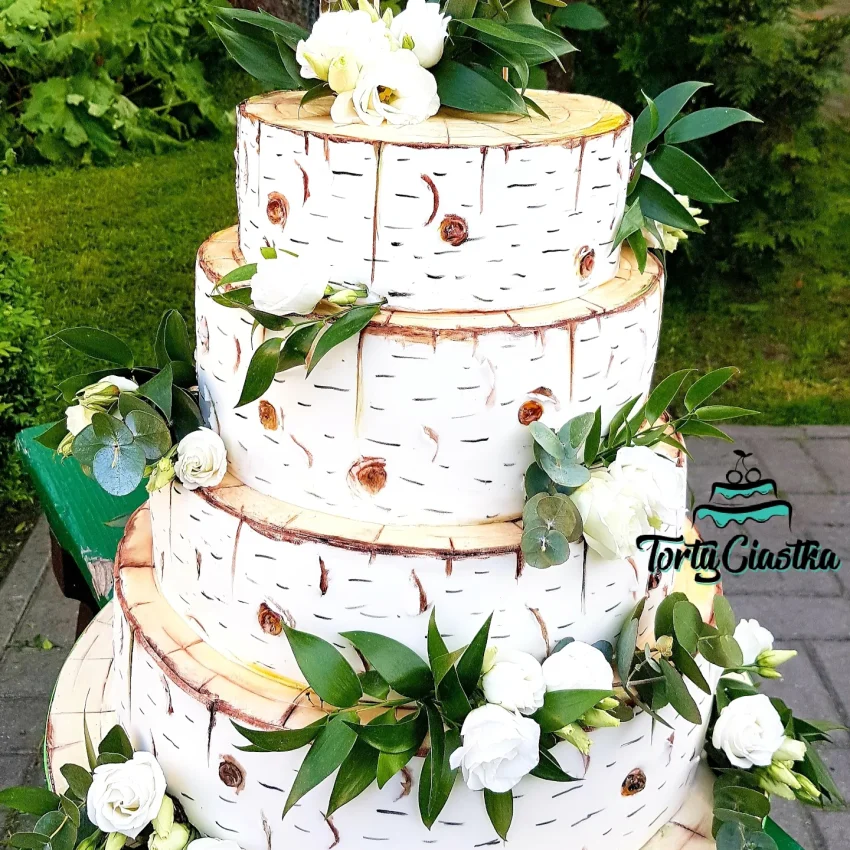Tort ślubny -Piętrowy z elementami roślinnymi