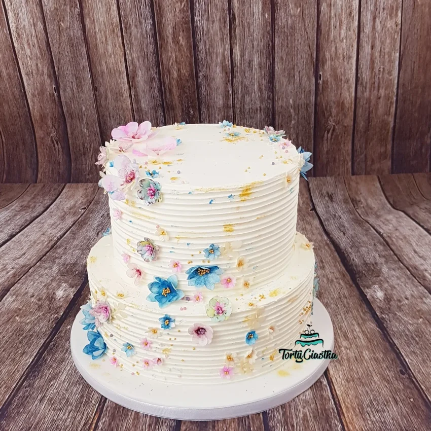 Tort ślubny -piętrowy z motywem kwiatowym